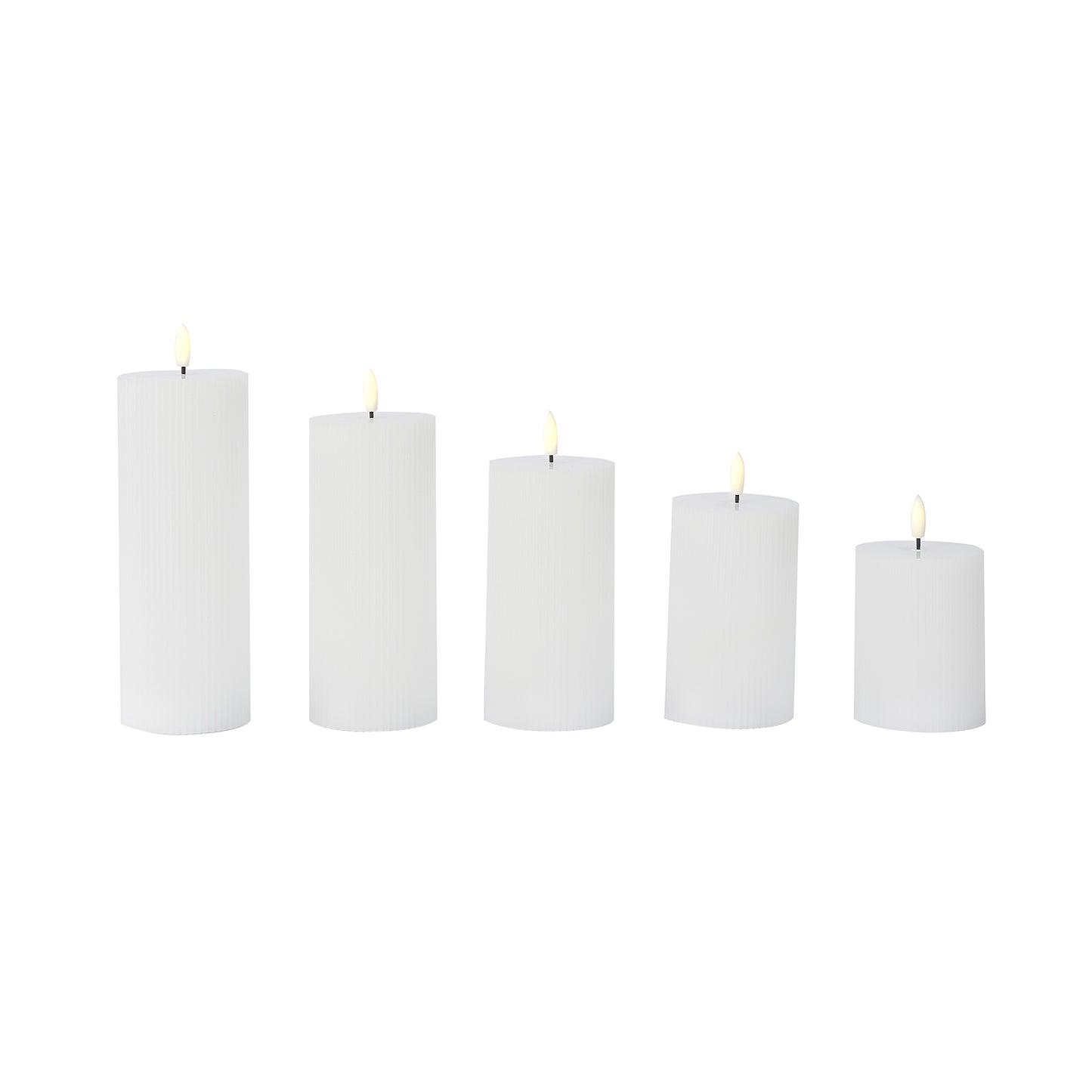 White LED flameless pillar candles with ribbed design, set of 5.