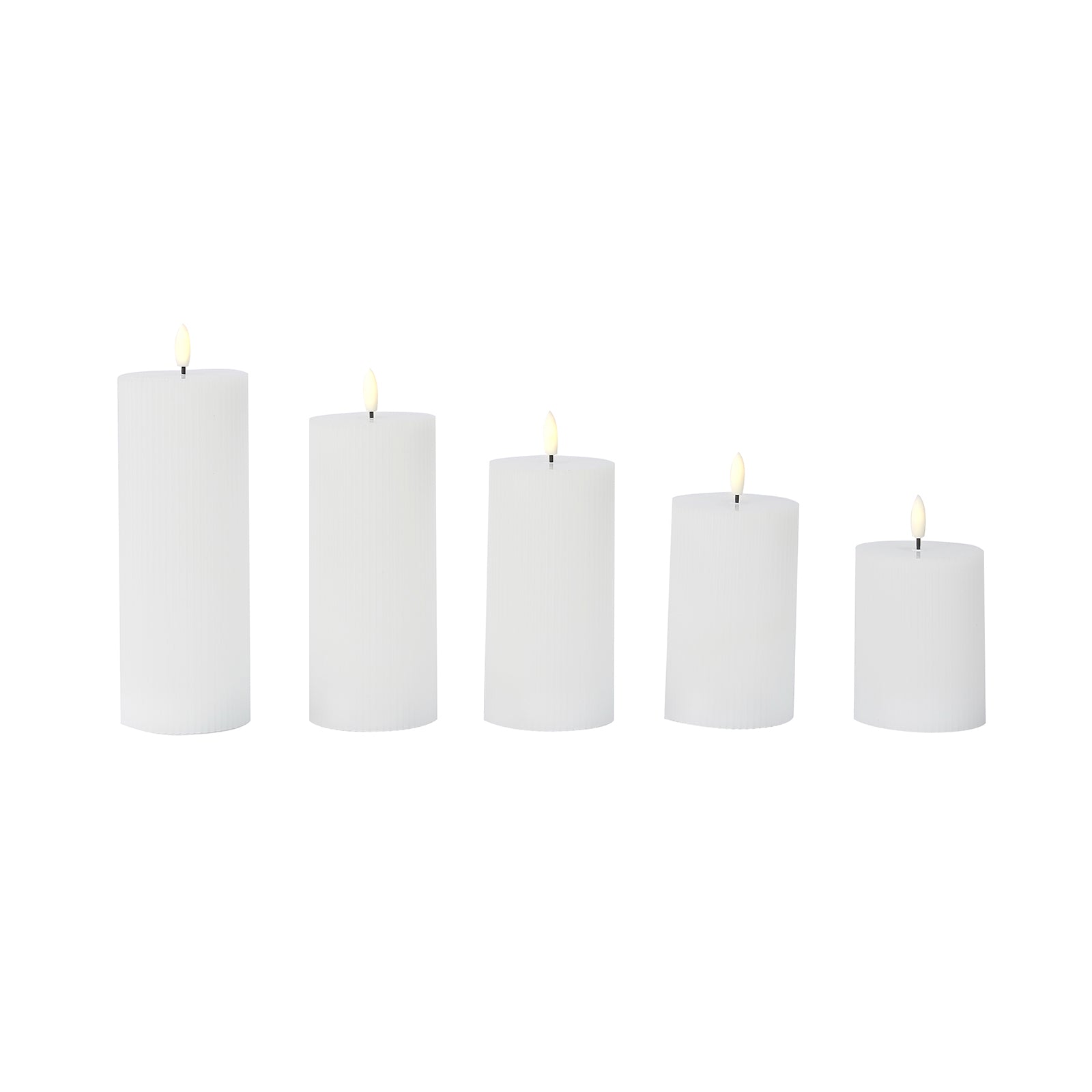 White LED flameless pillar candles with ribbed design, set of 5.