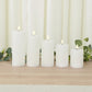 White LED flameless pillar candles, set of 5, ribbed design, warm white flickering light.