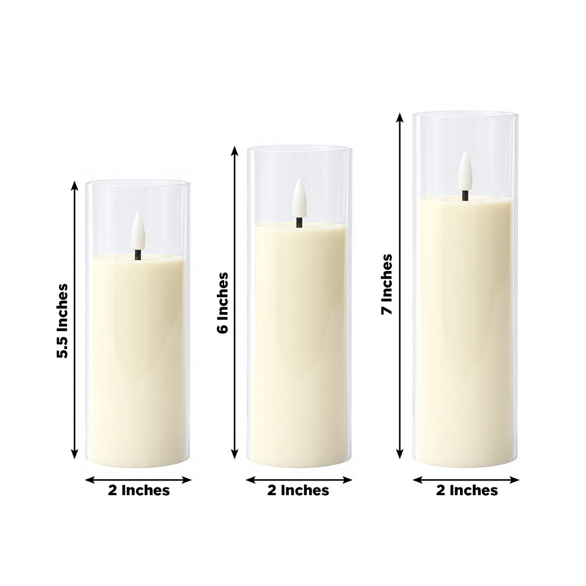 Set of 9 Ivory LED Flameless Pillar Candles with Clear Acrylic Shades & Remote Timer, Battery Operat