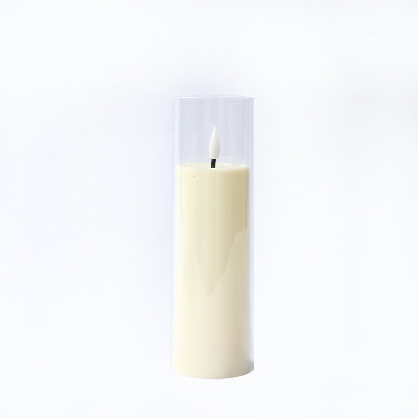 Set of 9 Ivory LED Flameless Pillar Candles with Clear Acrylic Shades & Remote Timer, Battery Operat