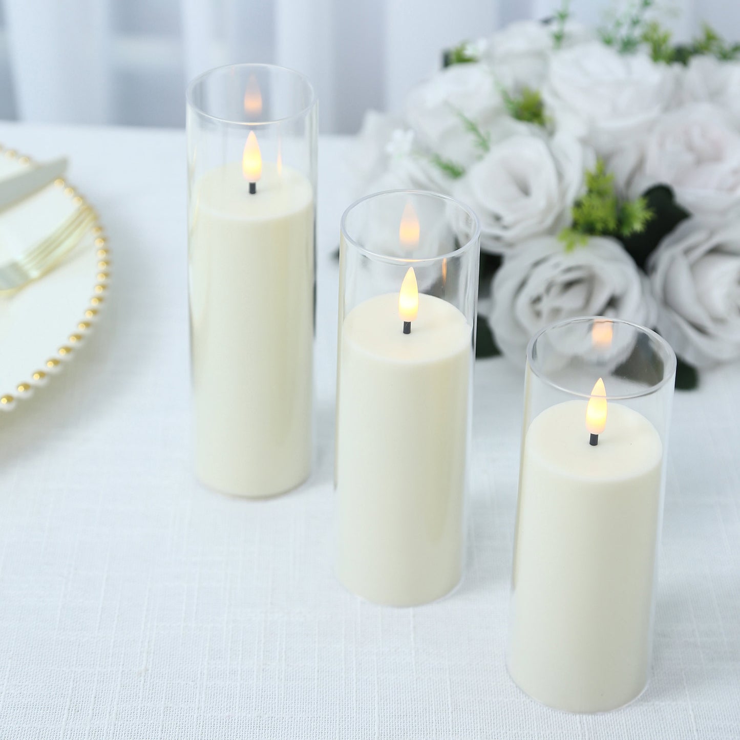 Set of 9 Ivory LED Flameless Pillar Candles with Clear Acrylic Shades & Remote Timer, Battery Operat