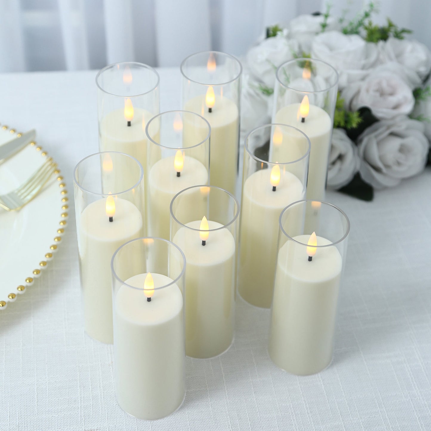 Set of 9 Ivory LED Flameless Pillar Candles with Clear Acrylic Shades & Remote Timer, Battery Operat