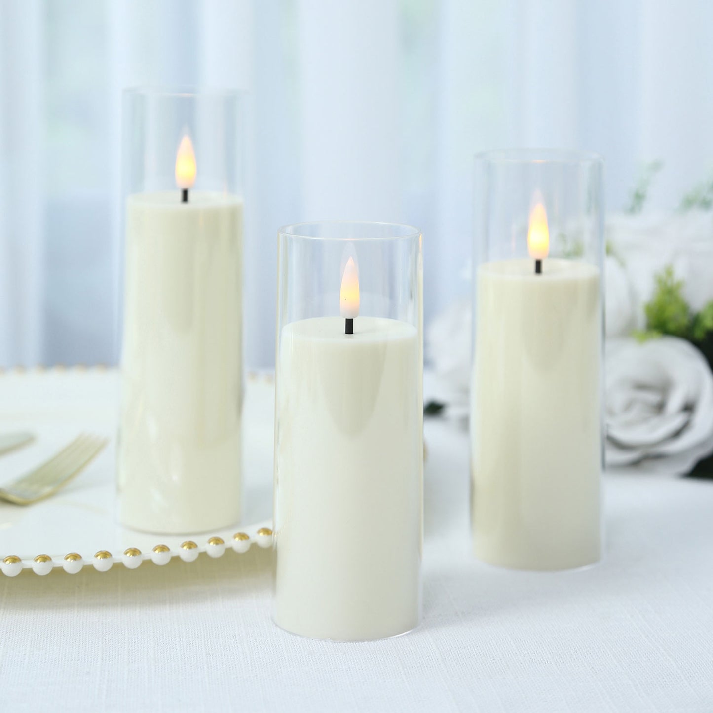 Set of 9 Ivory LED Flameless Pillar Candles with Clear Acrylic Shades & Remote Timer, Battery Operat