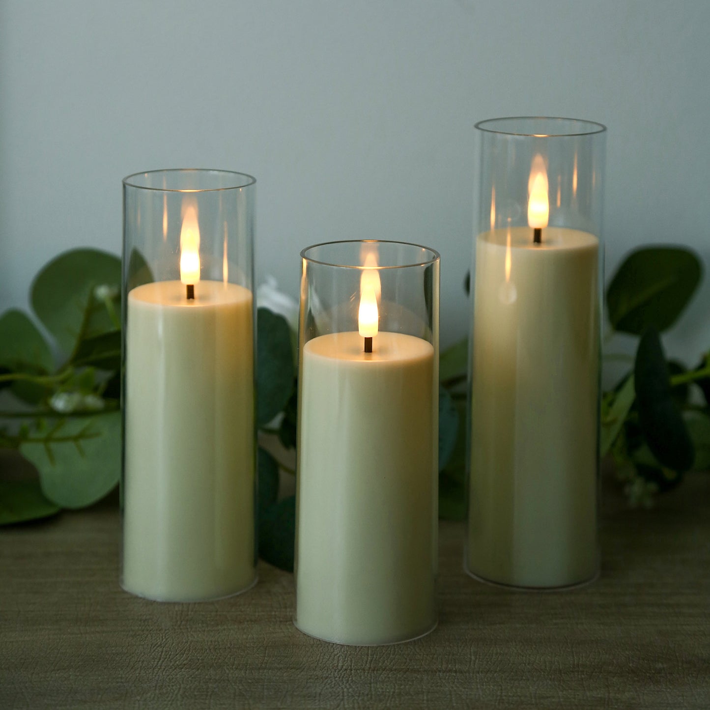 Set of 9 Ivory LED Flameless Pillar Candles with Clear Acrylic Shades & Remote Timer, Battery Operat