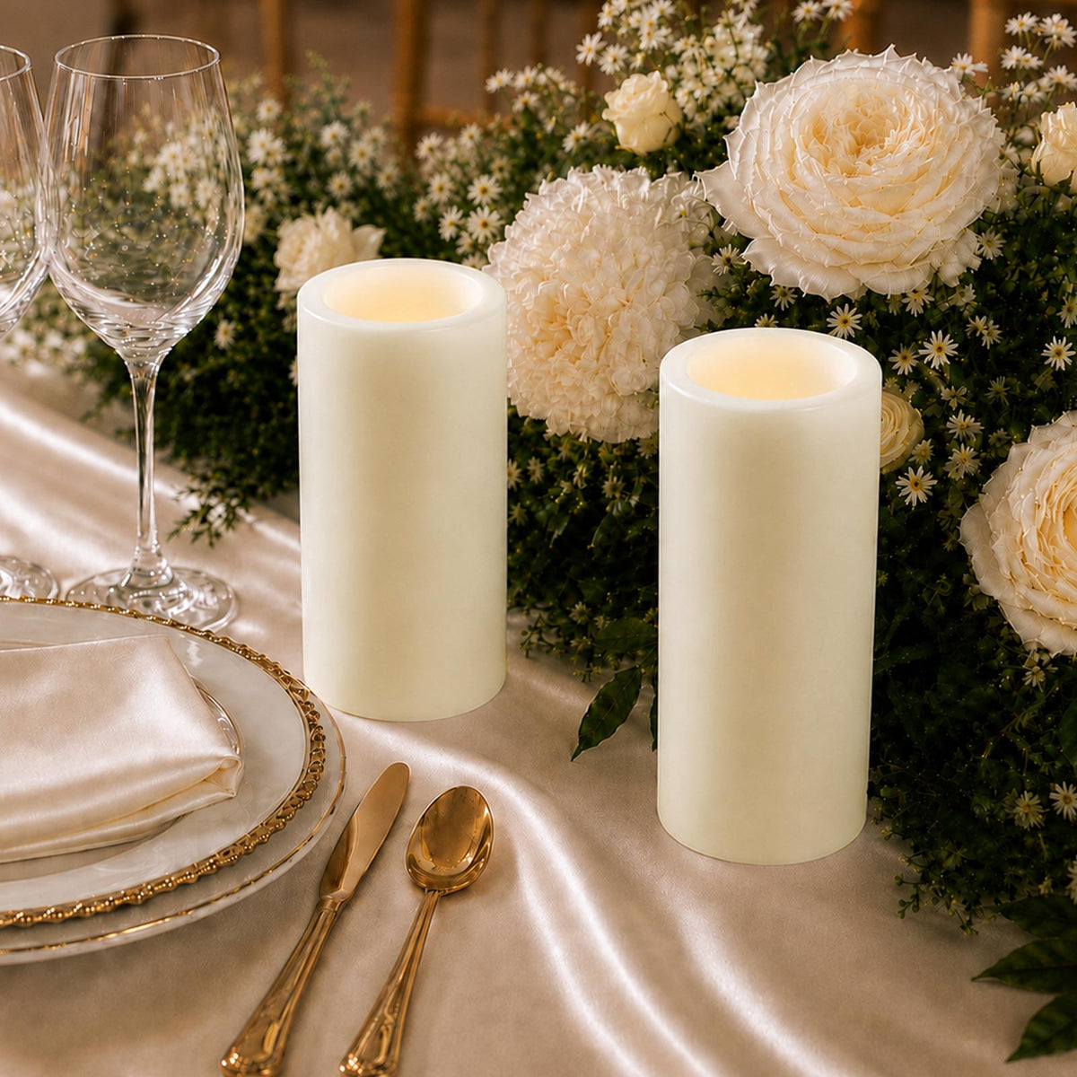 6 Pack Ivory Flameless LED Pillar Candles, 3" x 9" Flat Top Real Wax Battery Operated Candles with W