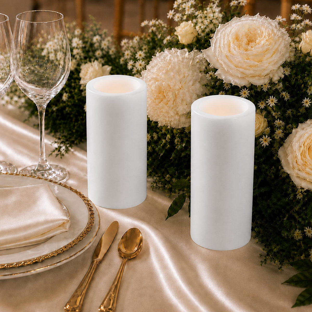 6 Pack White Flameless LED Pillar Candles, 3" x 9" Flat Top Real Wax Battery Operated Candles with W