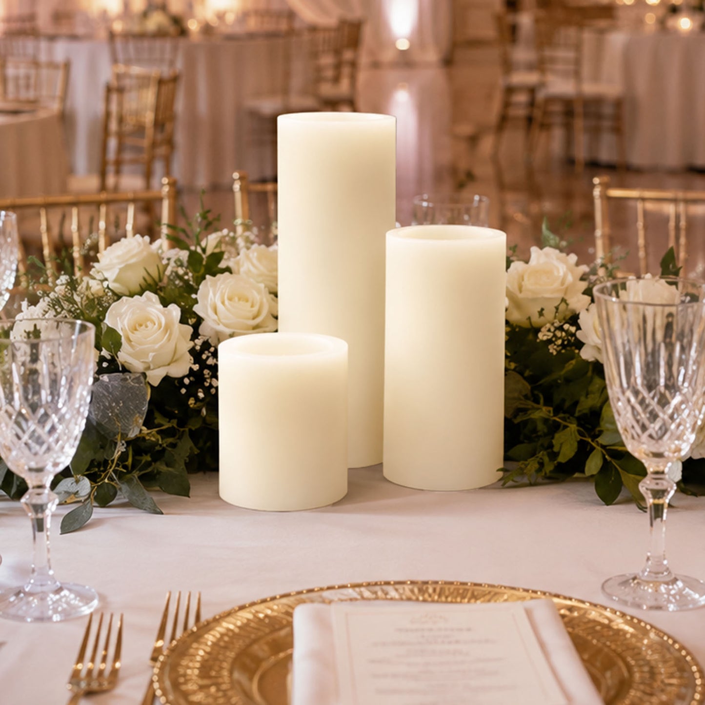 Set of 6 Ivory Flameless LED Pillar Candles, Flat Top Real Wax Battery Operated Candles with Flicker