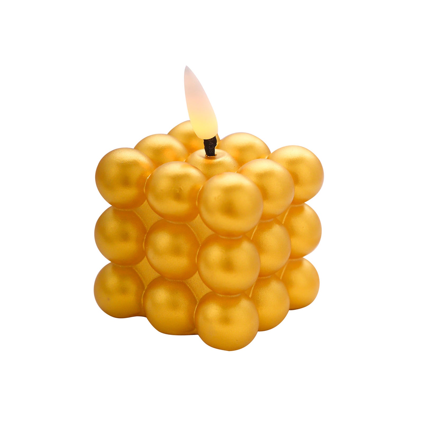 Metallic gold LED mini bubble candle, flameless and battery operated.