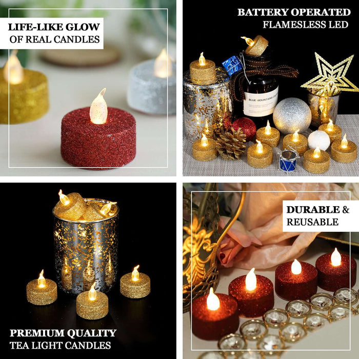 Silver glittered LED tealight candles, battery operated and reusable.