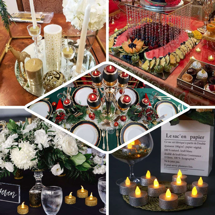 Silver glittered LED tealight candles on a festive table setting.