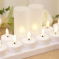 White flameless LED tea light candles with frosted shades on a charging station.