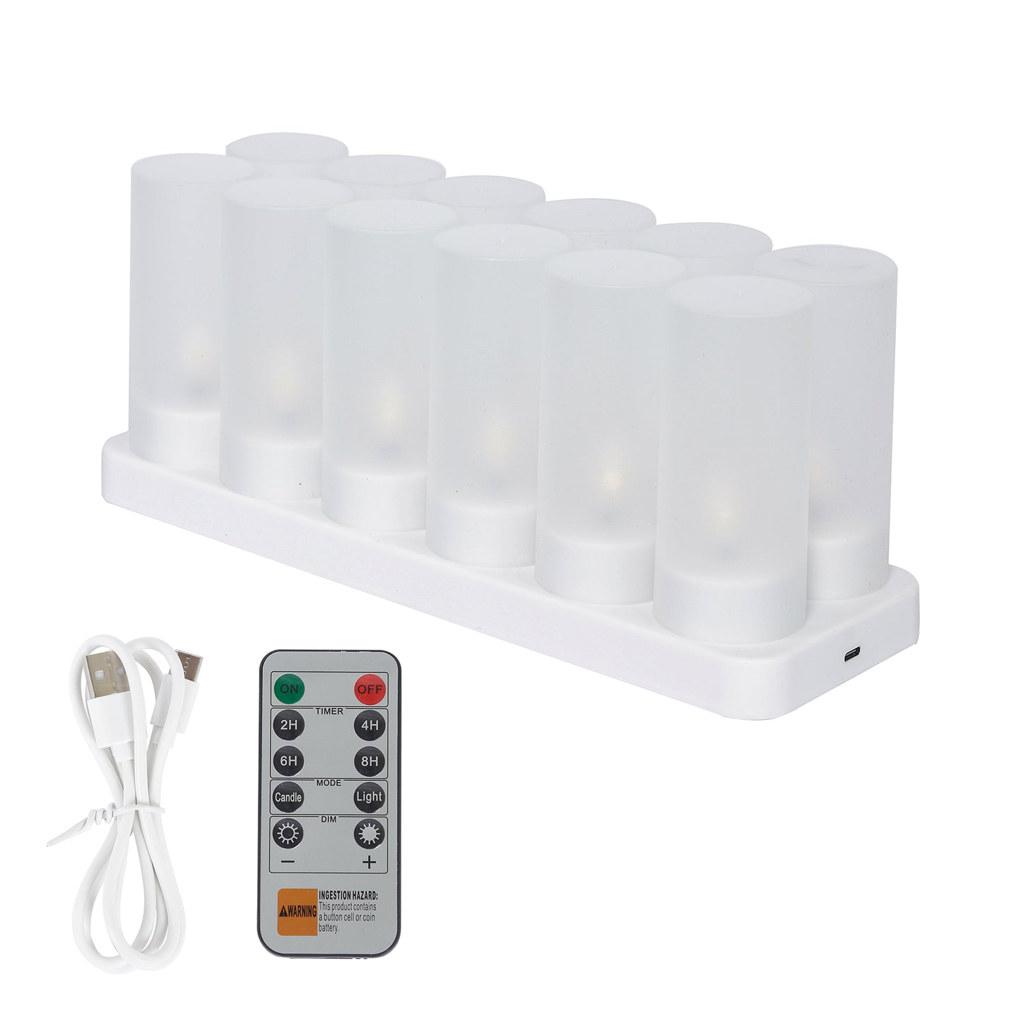 White flameless LED tea light candles with charging station and remote.