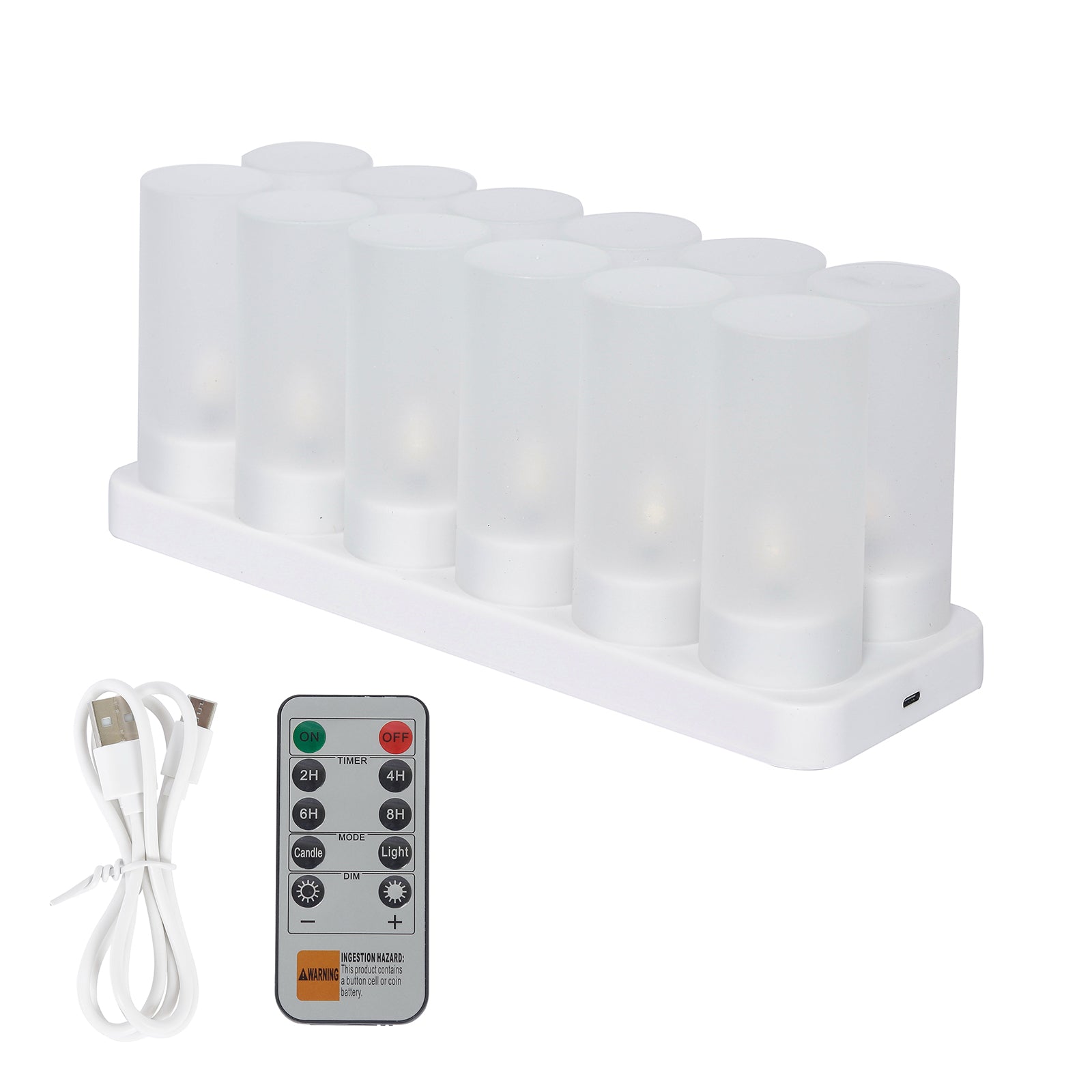 White flameless LED tea light candles with charging station and remote.