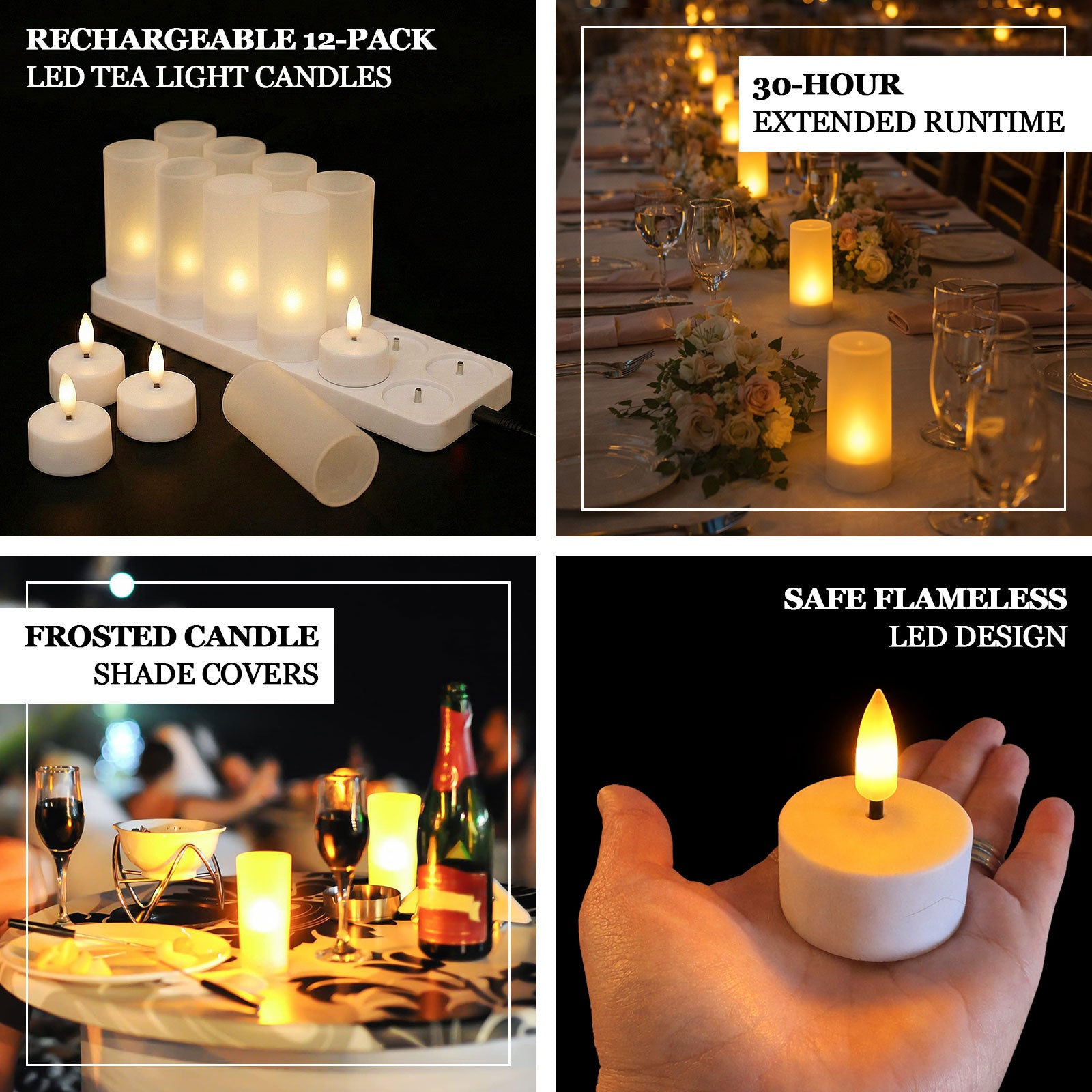 White flameless LED tea light candles with flickering effect and remote timer.