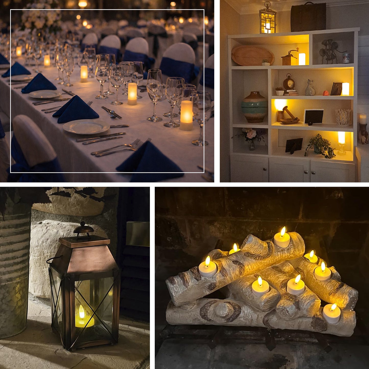 Warm white flameless LED tea light candles in various settings.