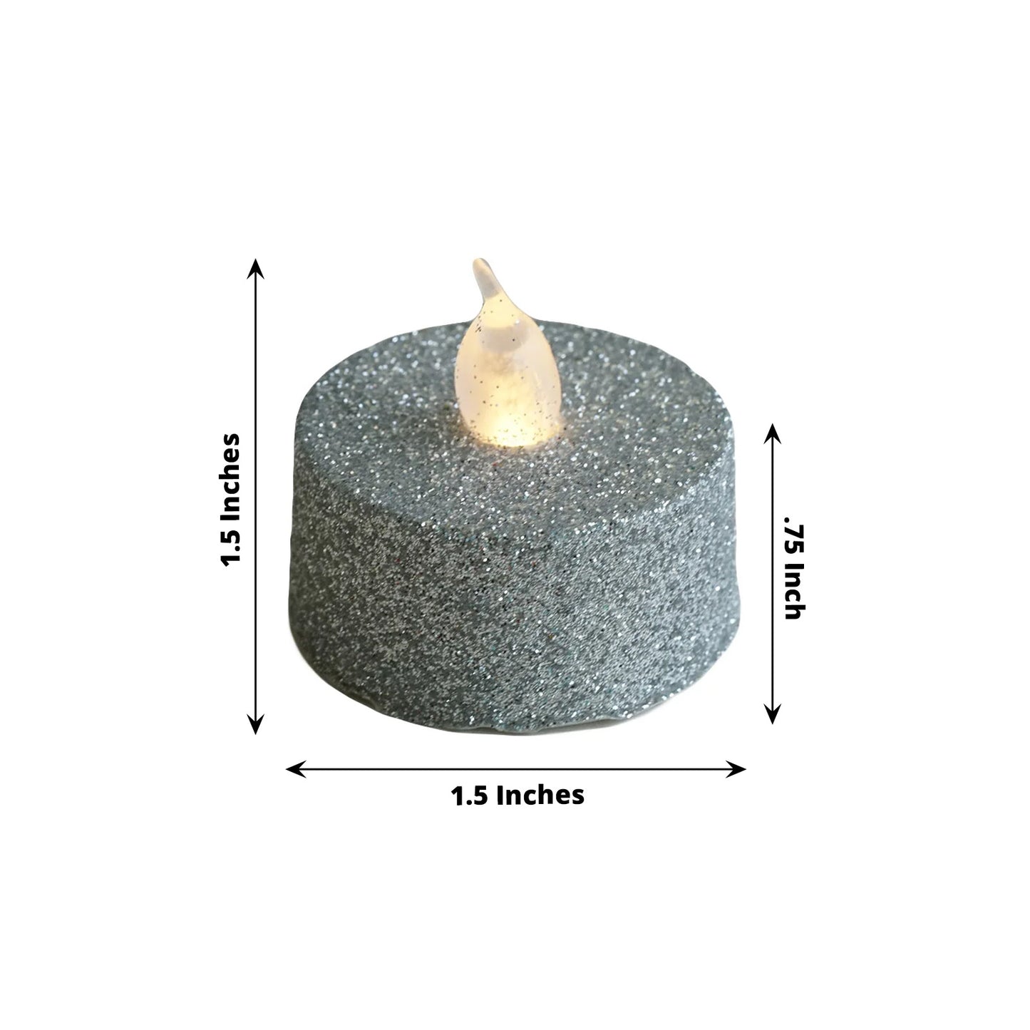 Silver glittered LED tealight candle with a flickering flame effect.