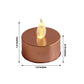 Metallic rose gold flameless tealight candle, battery-operated and reusable.