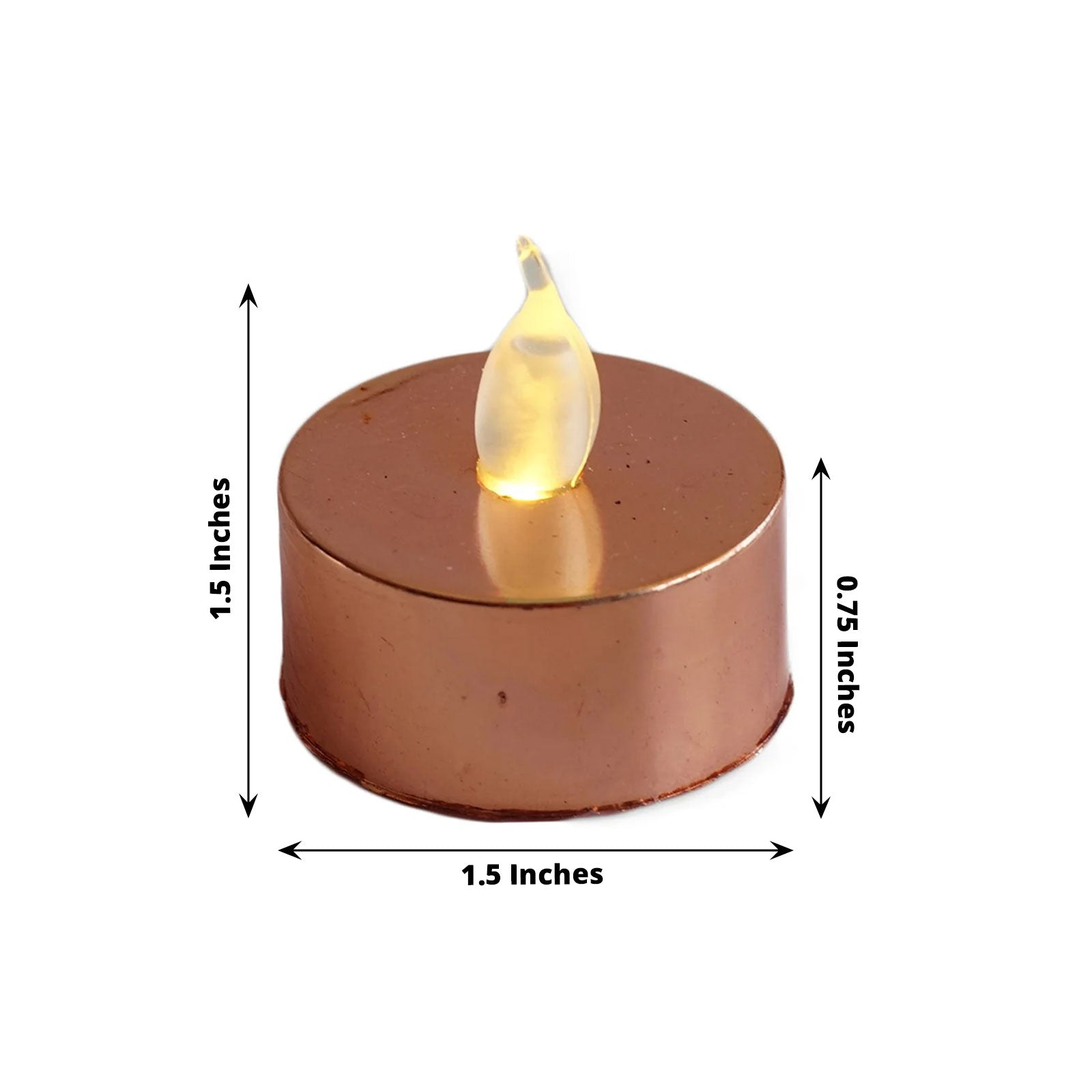 Metallic rose gold flameless tealight candle, battery-operated and reusable.