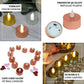 Metallic gold flameless LED tealight candles, battery-operated and reusable.