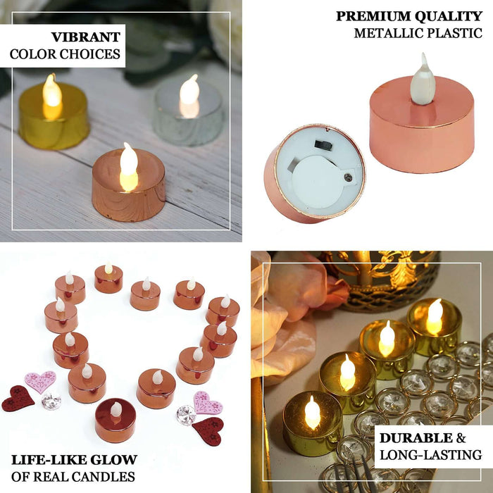 Metallic gold flameless LED tealight candles, battery-operated and reusable.