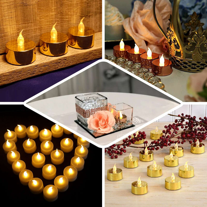 Metallic gold LED tealight candles in various settings.