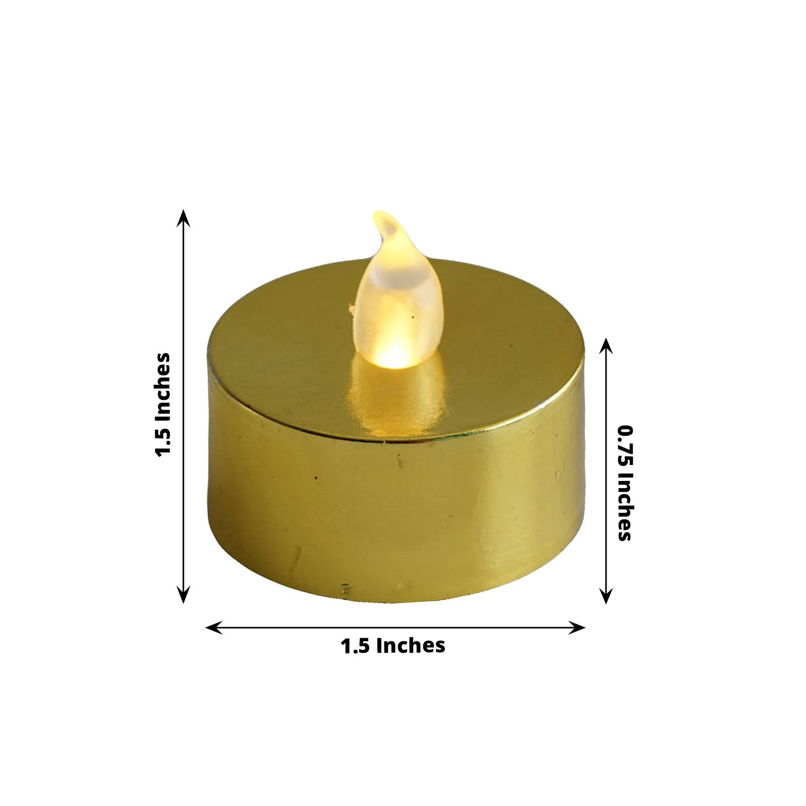 Metallic gold LED tealight candle, flameless and battery-operated.