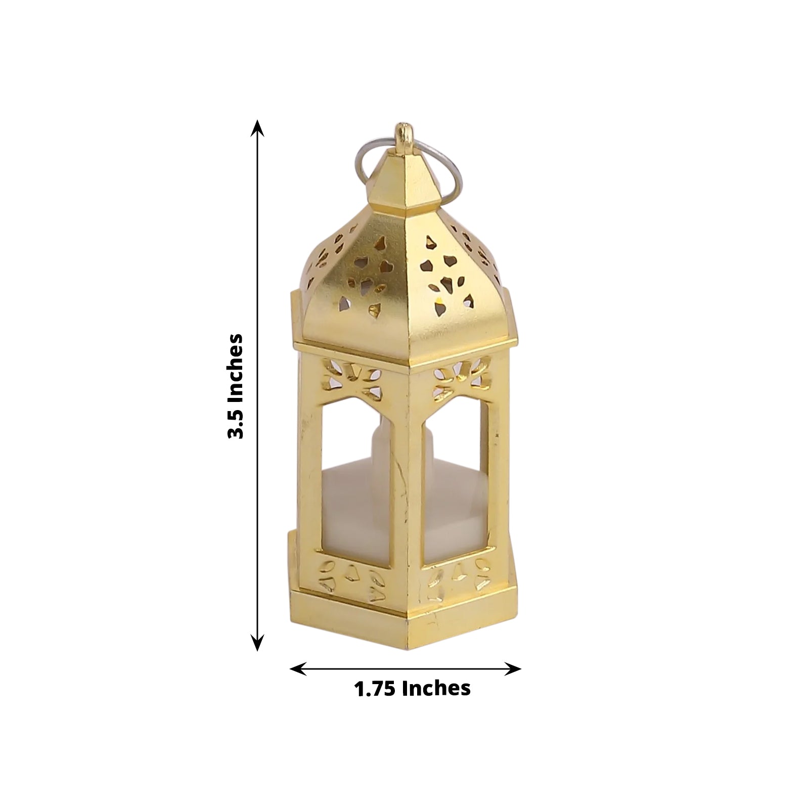 Gold vintage mini LED lantern, warm white flickering tealight, Moroccan style.