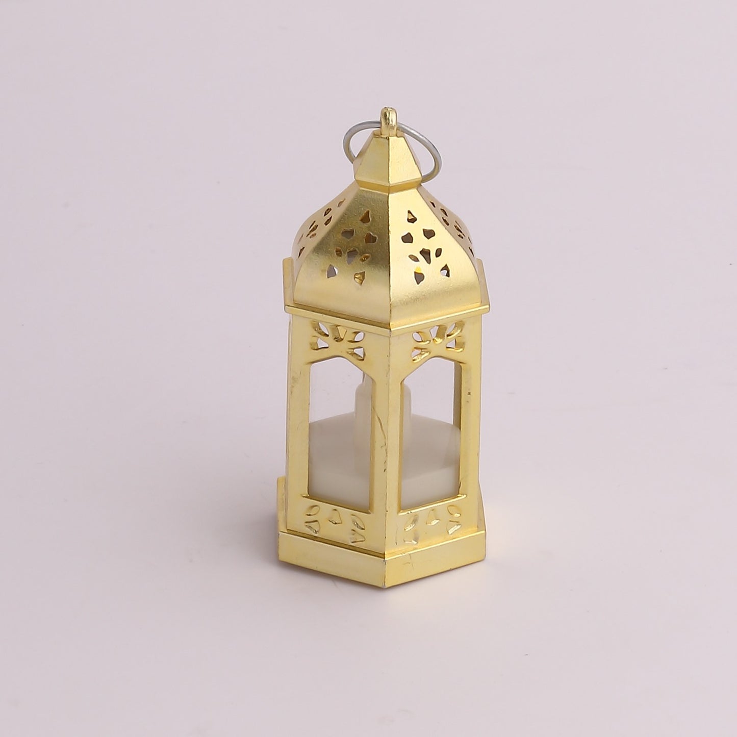 Gold vintage mini LED lantern, warm white flickering candlelight, Moroccan style.