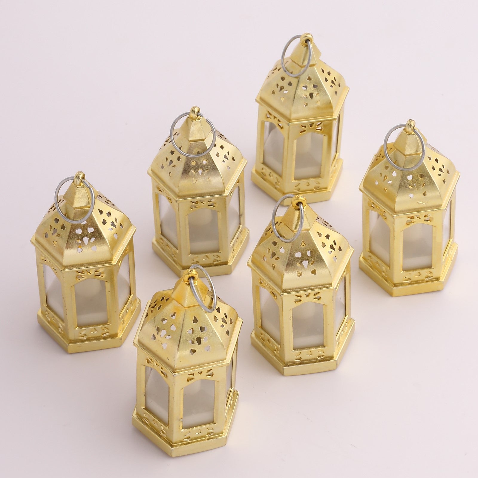 Gold vintage mini LED lanterns, warm white flickering tealights, Moroccan style.