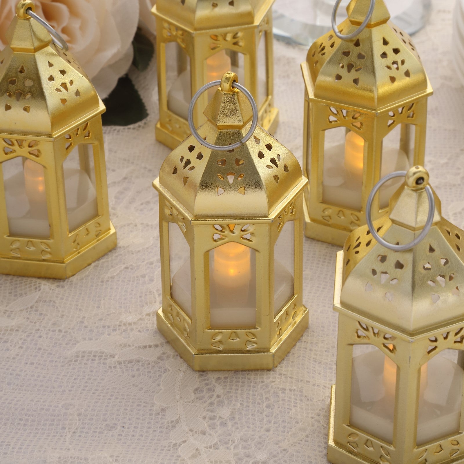 Gold vintage mini LED lanterns with warm white flickering tealights.