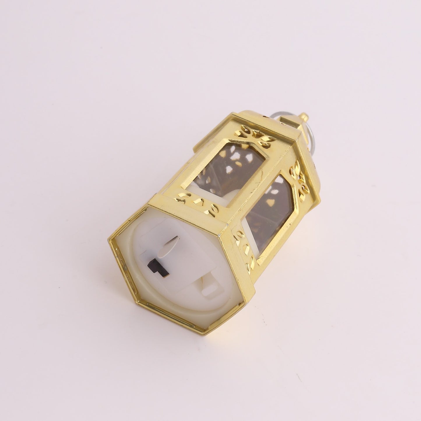 Gold vintage mini LED lantern with warm white flickering light.