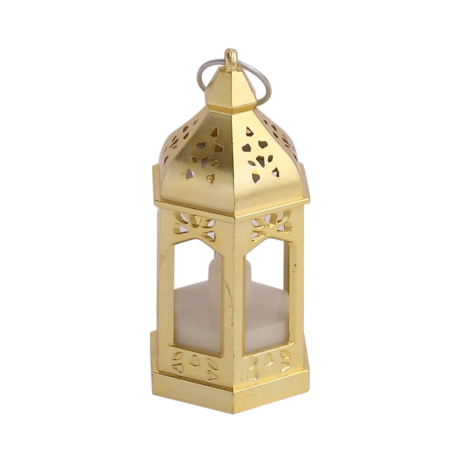 Gold vintage mini LED lantern, warm white flickering candle centerpiece.