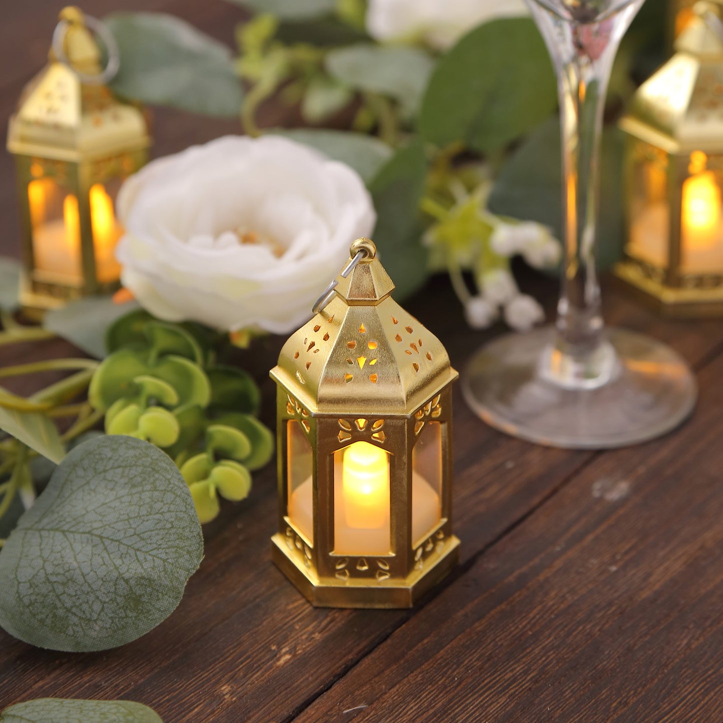 Gold vintage mini LED lanterns with warm white flickering candlelight.