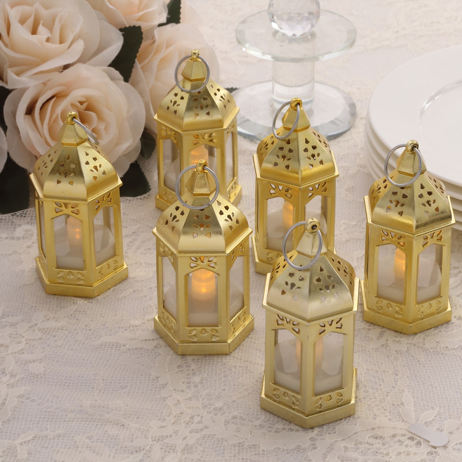 Gold vintage mini LED lanterns, warm white flickering candlelight, Moroccan style.
