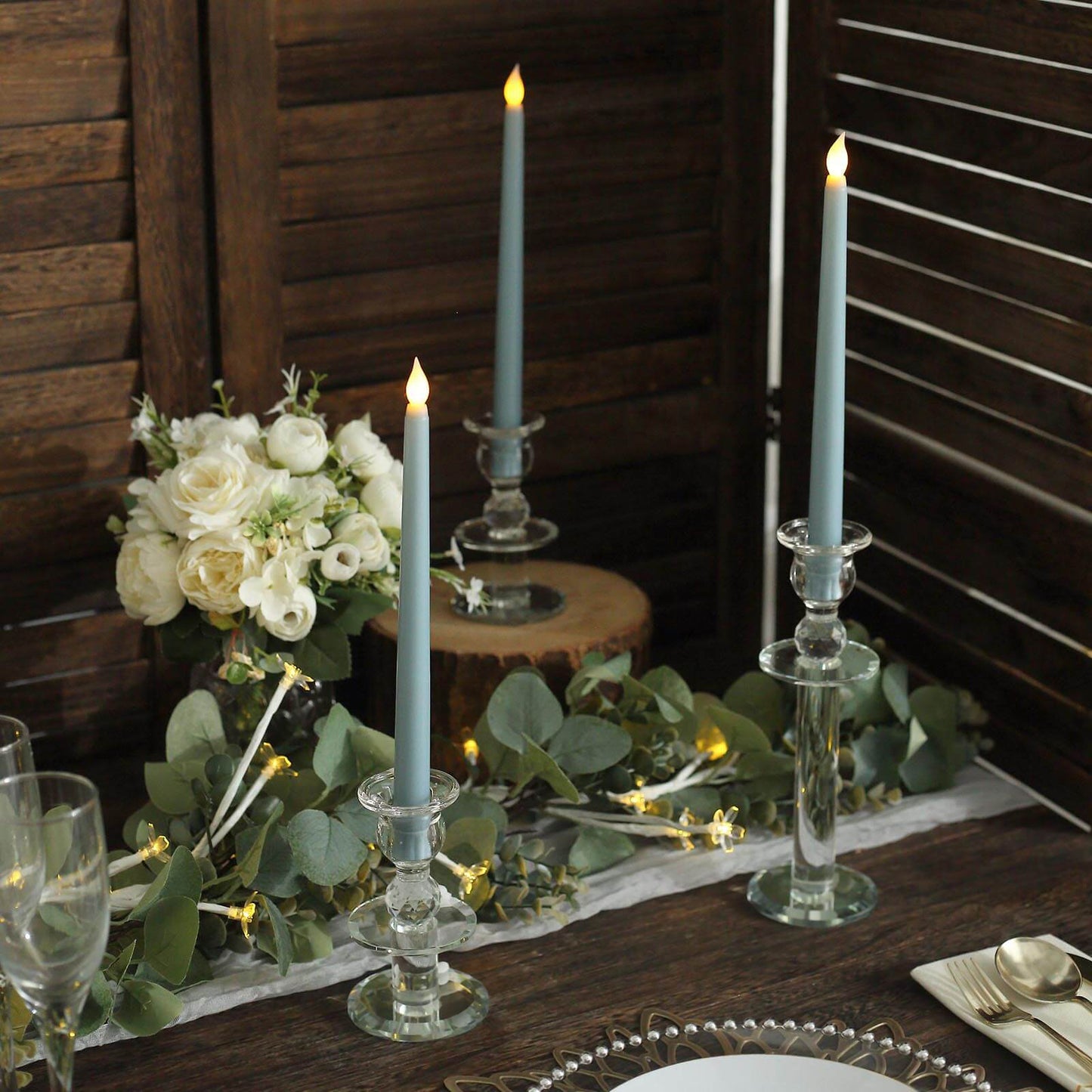 12 Pack 11" LED Taper Candles - Dusty Blue, Flickering Warm Light Battery Operated Flameless Candles