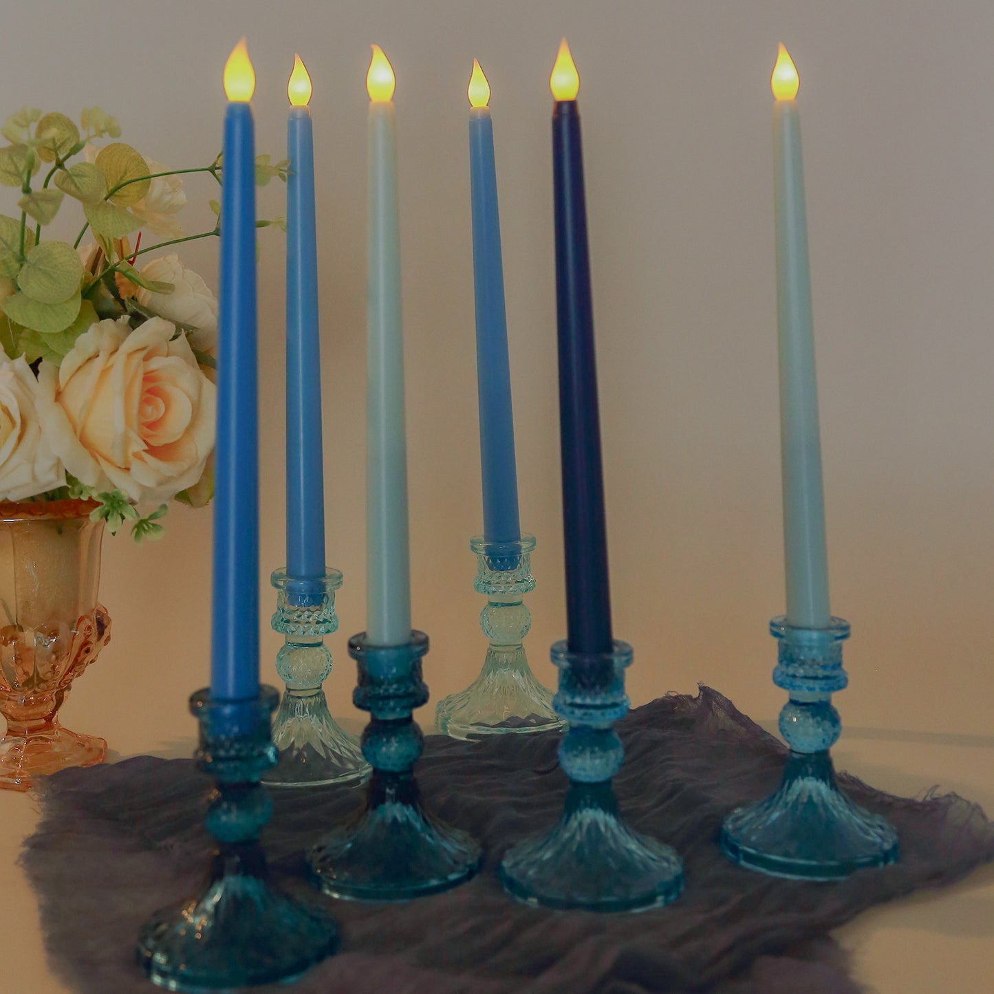 8 Pack 11" Mixed Blue LED Taper Candles, Flameless Battery Operated Flickering Candles