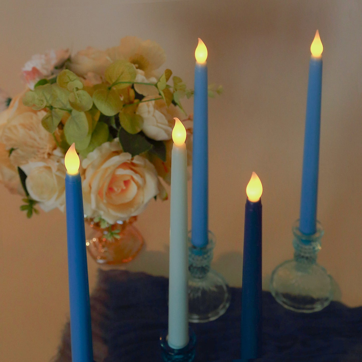 8 Pack 11" Mixed Blue LED Taper Candles, Flameless Battery Operated Flickering Candles