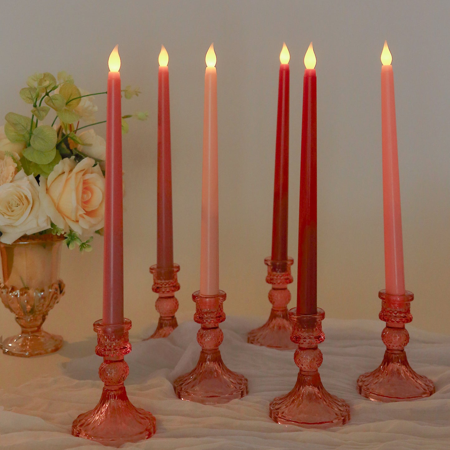 8 Pack 11" Mixed Pink LED Taper Candles, Flameless Battery Operated Flickering Candles