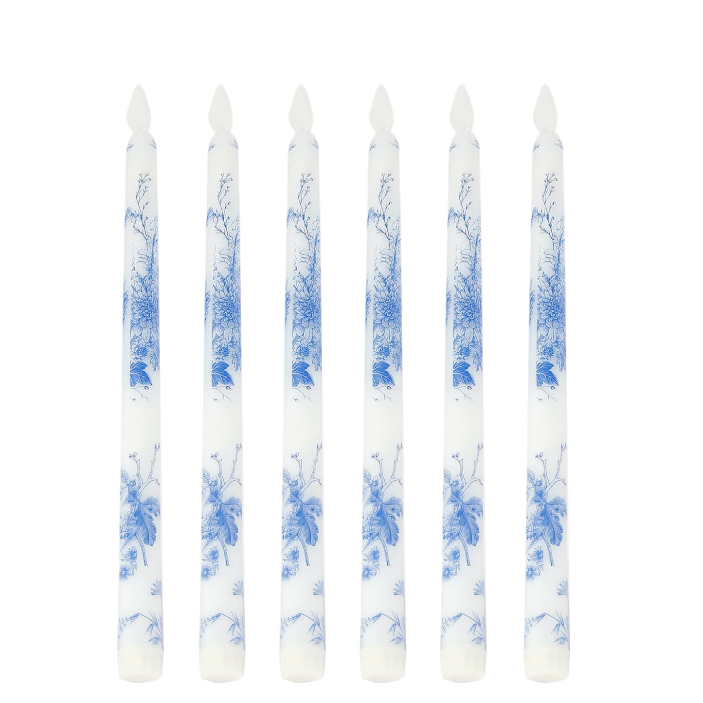 6-Pack 11" Flameless LED Taper Candles, Flickering Battery Operated – White & Blue French Toile Pattern