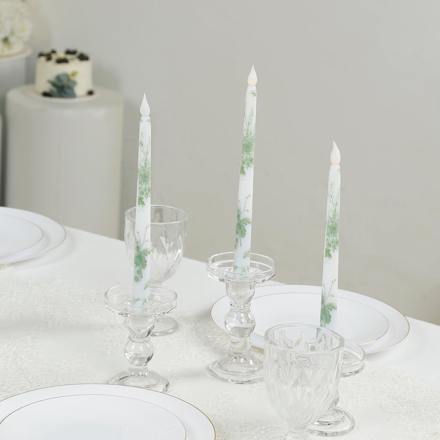 6-Pack 11" Flameless LED Taper Candles, Flickering Battery Operated – White & Sage Green French Toile Pattern