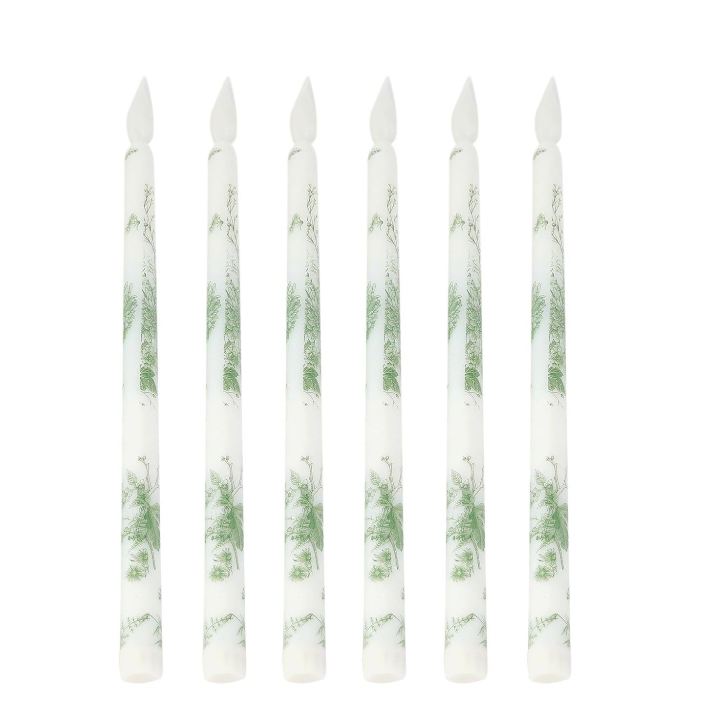6-Pack 11" Flameless LED Taper Candles, Flickering Battery Operated – White & Sage Green French Toile Pattern