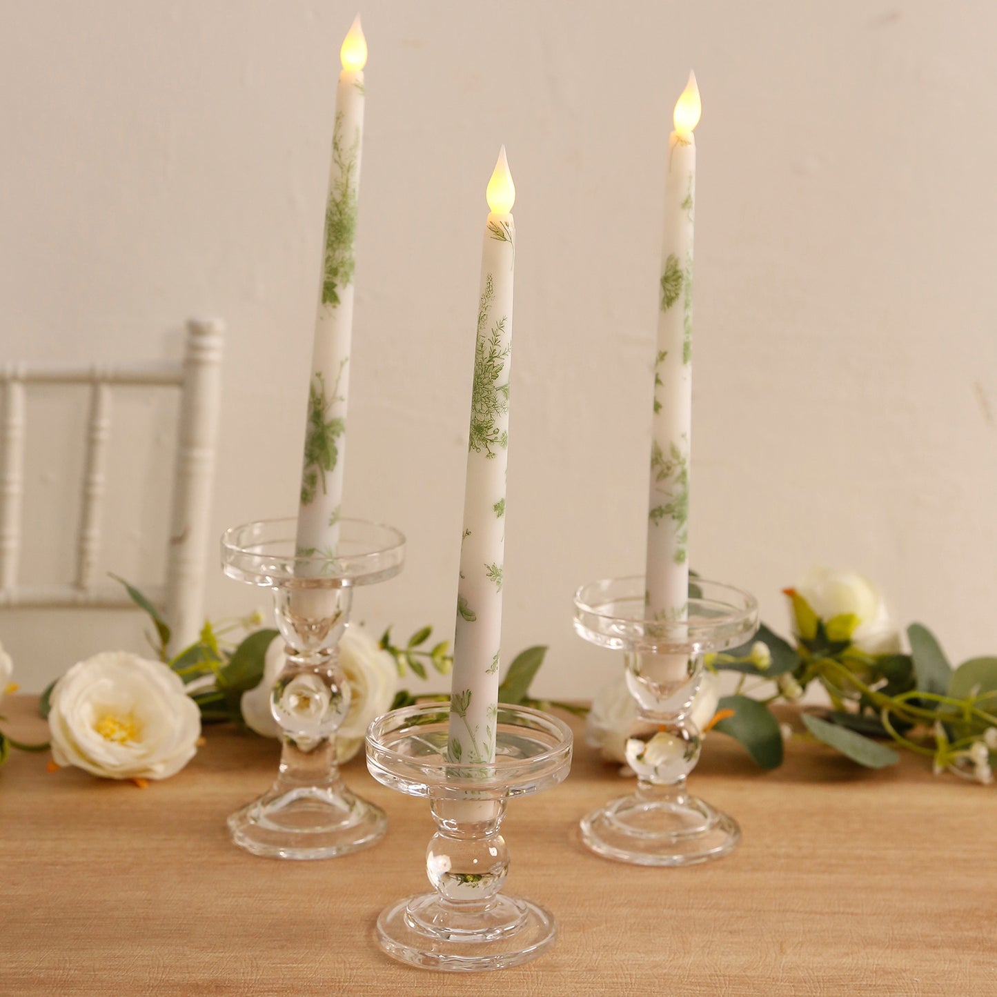 6-Pack 11" Flameless LED Taper Candles, Flickering Battery Operated – White & Sage Green French Toile Pattern