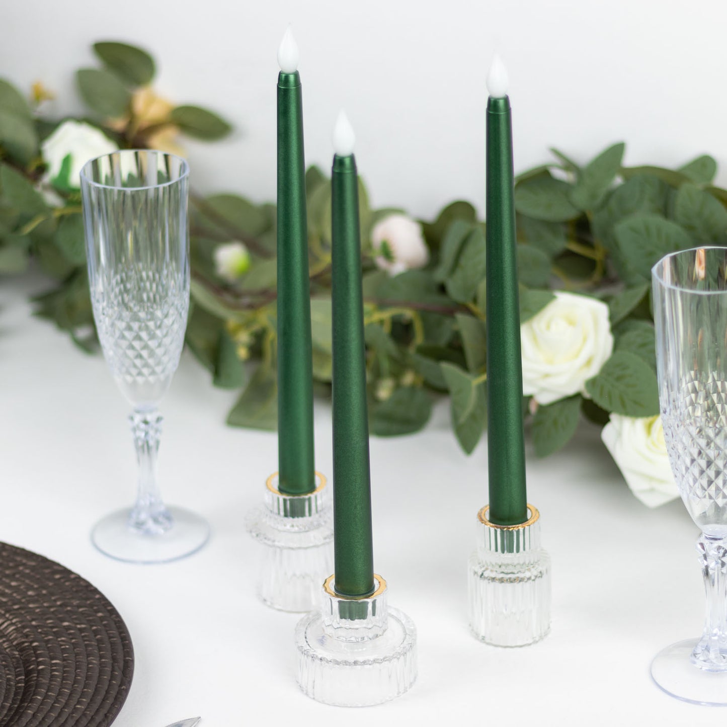 3 Pack 11" Hunter Emerald Green LED Taper Candles, Flameless Warm Flickering Candles