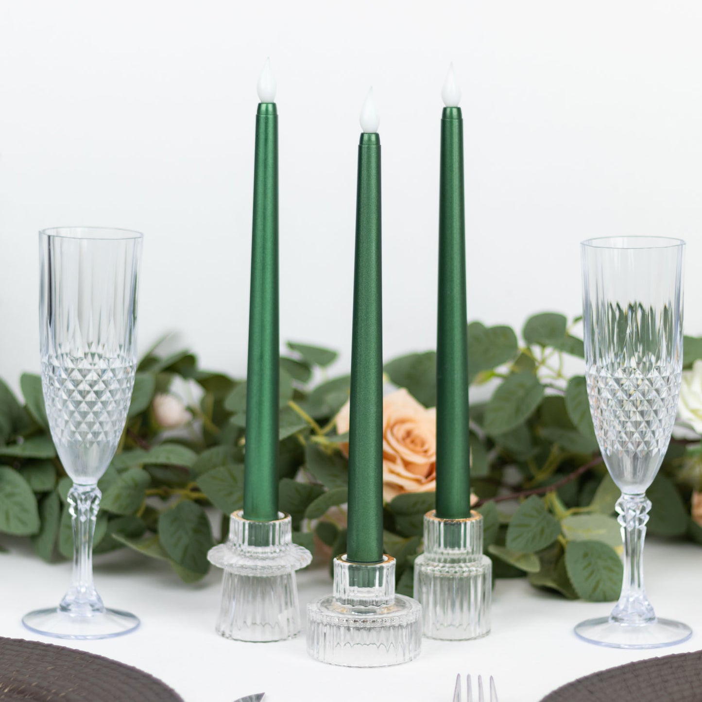 3 Pack 11" Hunter Emerald Green LED Taper Candles, Flameless Warm Flickering Candles