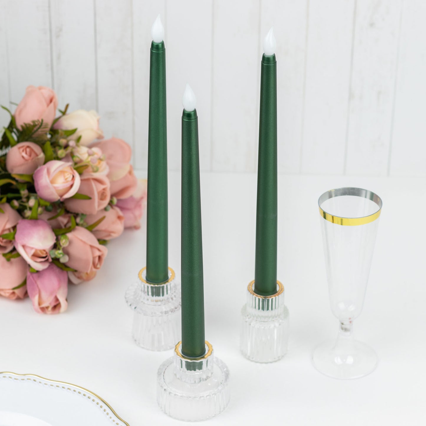 3 Pack 11" Hunter Emerald Green LED Taper Candles, Flameless Warm Flickering Candles