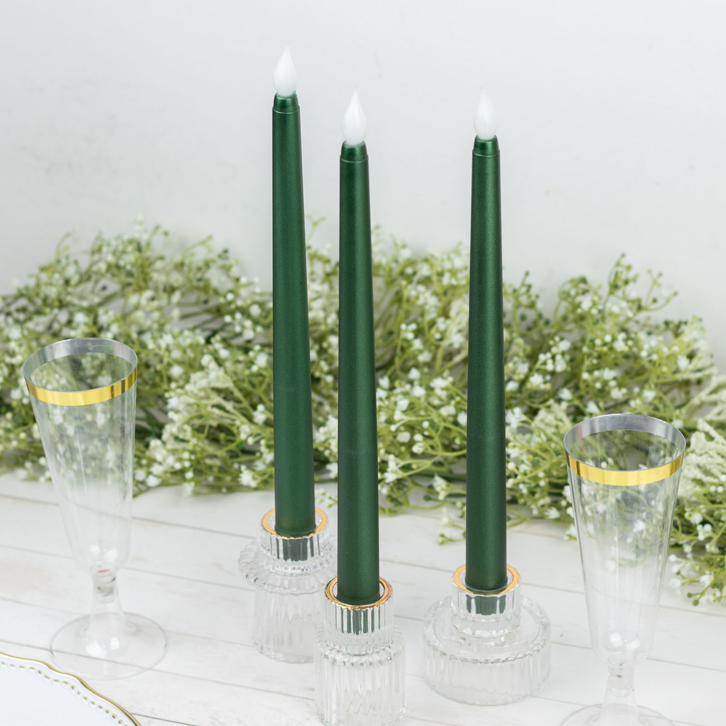 3 Pack 11" Hunter Emerald Green LED Taper Candles, Flameless Warm Flickering Candles