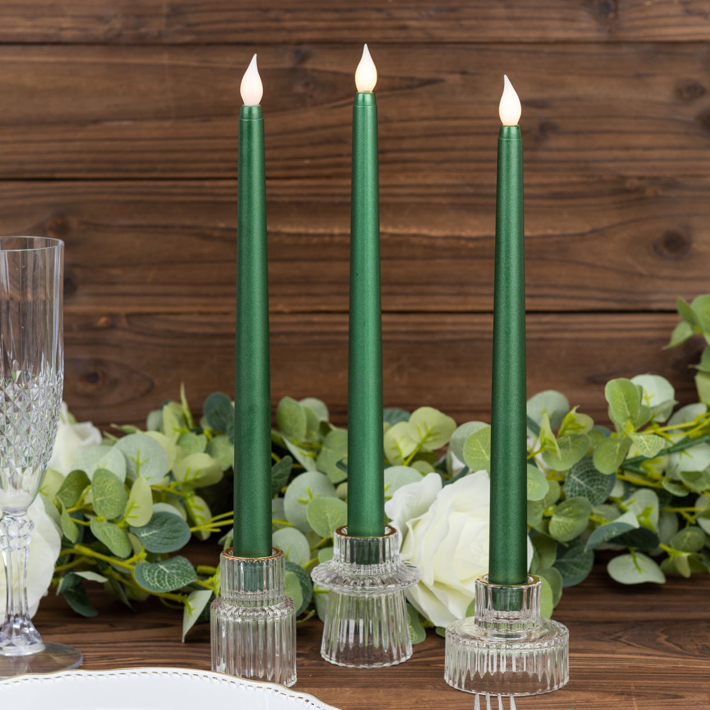 3 Pack 11" Hunter Emerald Green LED Taper Candles, Flameless Warm Flickering Candles