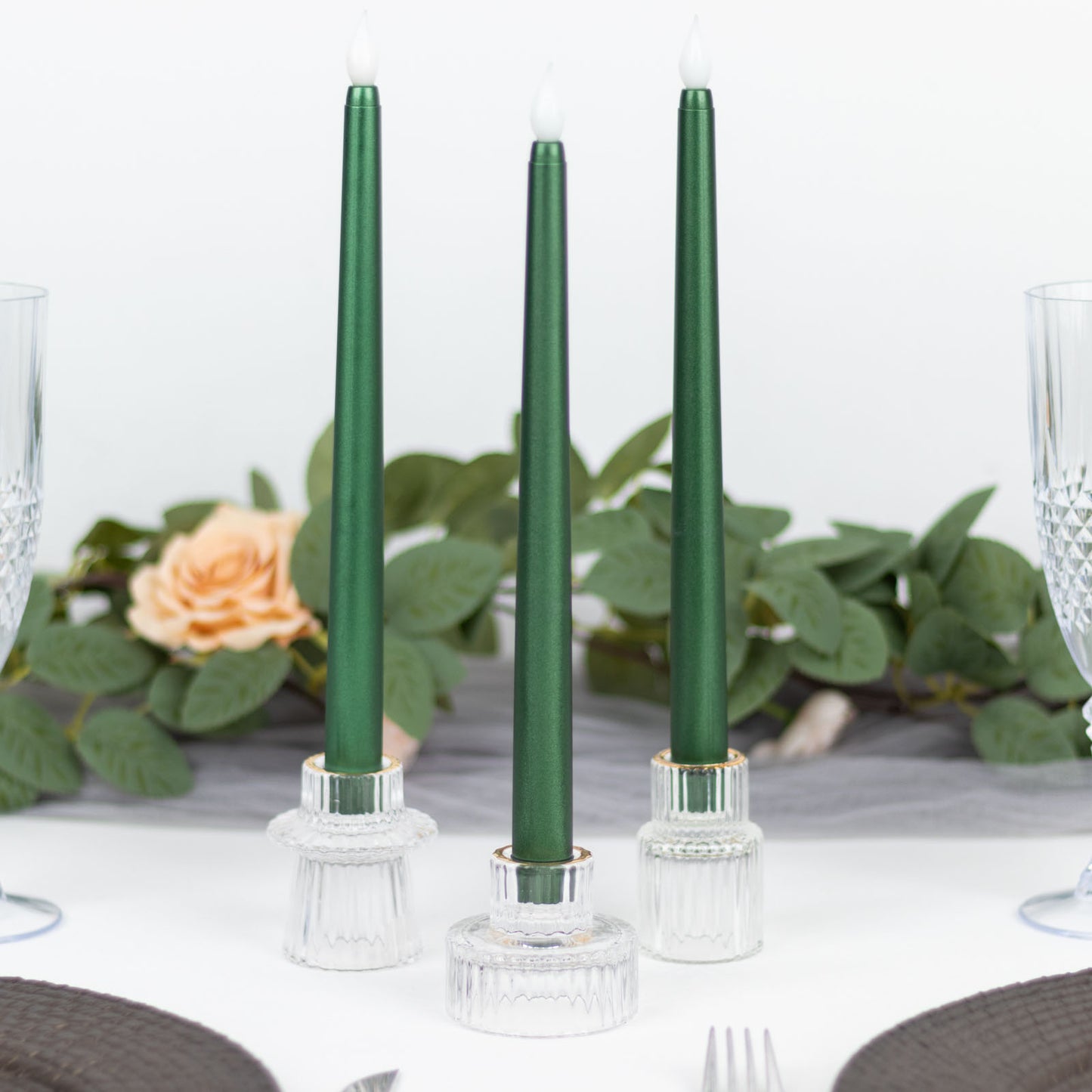 3 Pack 11" Hunter Emerald Green LED Taper Candles, Flameless Warm Flickering Candles