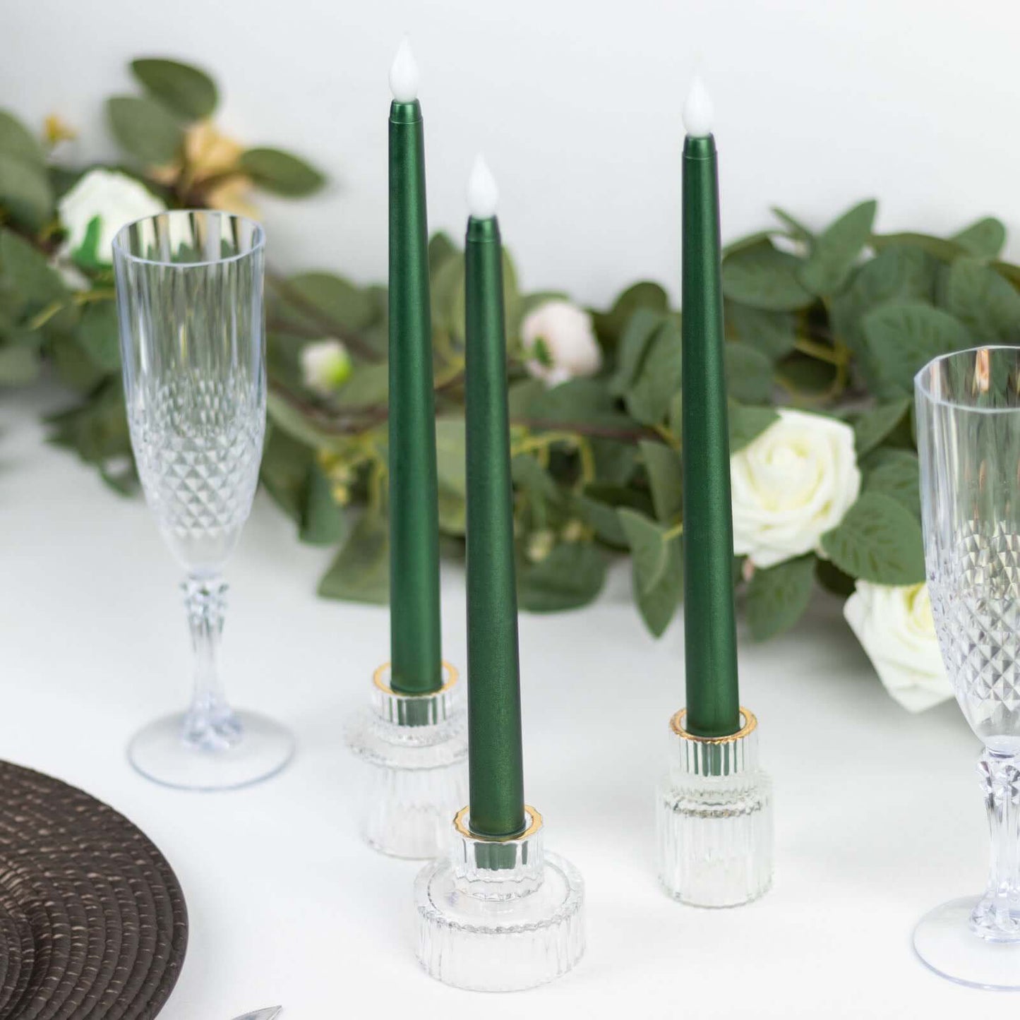 12 Pack 11" LED Taper Candles - Hunter Emerald Green, Flickering Warm Light Battery Operated Flamele